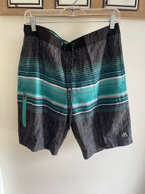 ZeroXposur Black & Teal Striped Men's Swim Trunks